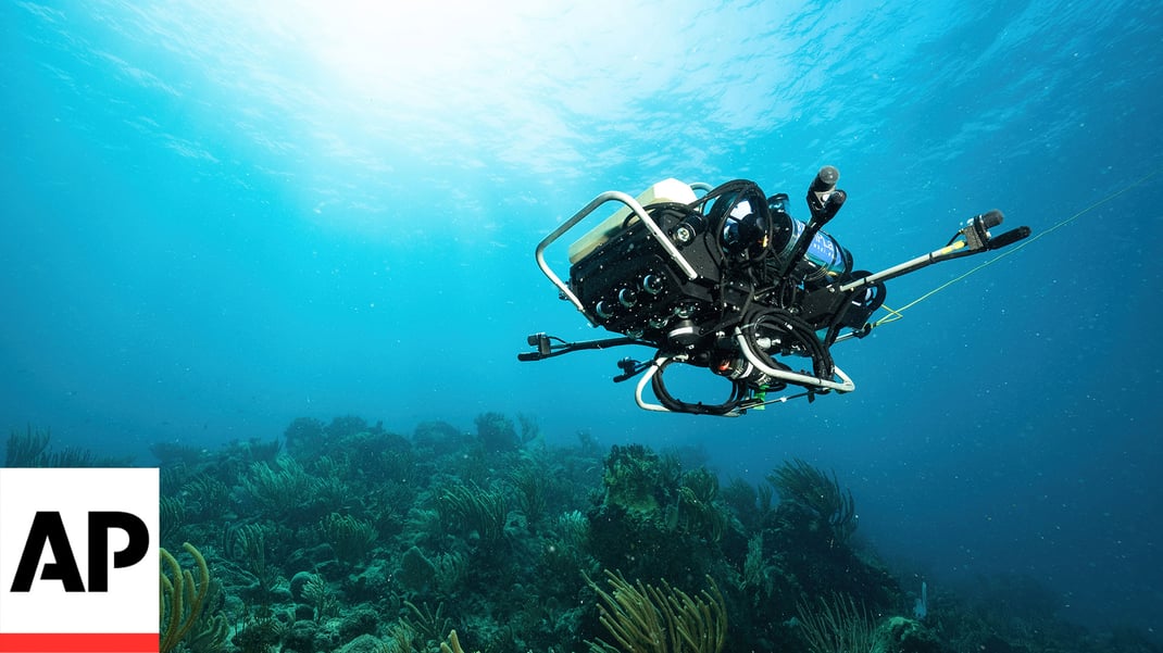 WHOI's autonomous robot CUREE hovers over a coral reef, extending four hydrophones from its body. Three cameras can be seen affixed to the robot's front view.