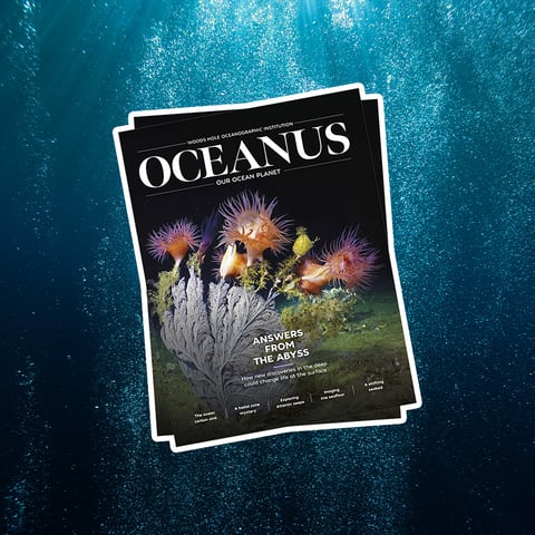 A copy of Oceanus Magazine, "Answers from the abyss," overlays a picture of bubbles rising up from the deep ocean into more well-lit waters.