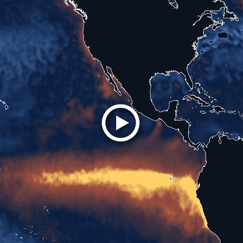 A map showing a body of warm seawater moving west from the coast of South America