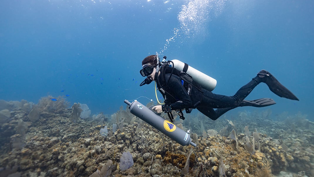 A scuba diver swims above a coral reef in the U.S. Virgin Islands, carrying a large PVC water sample tube with a sticker on it. A small plume of bubbles rises from his regulator mouth piece.