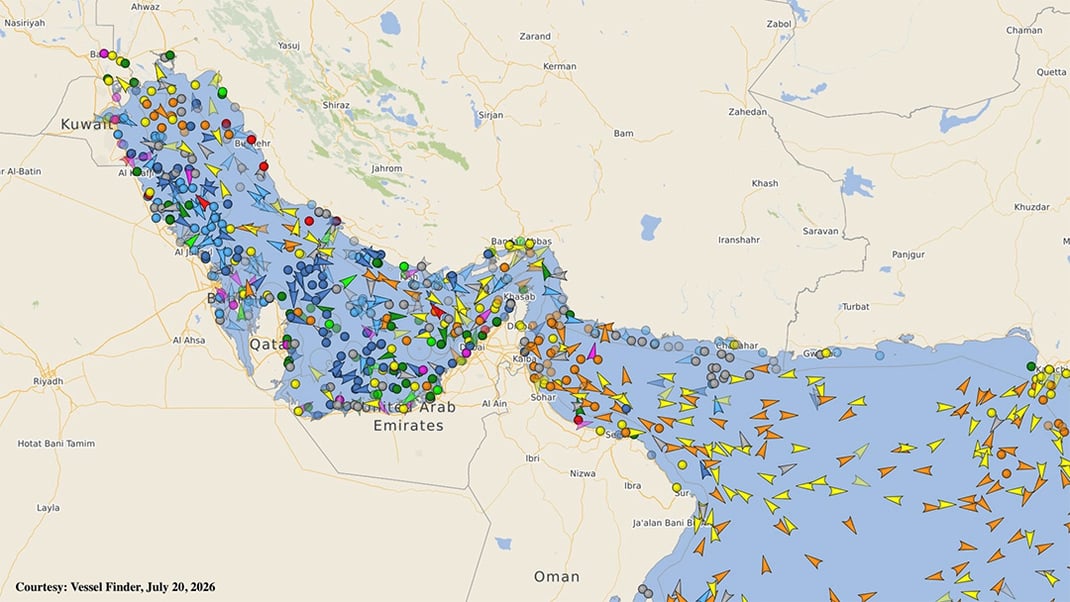 A map shows ship traffic in the Strait of Hormuz. The ships are represented with circular and arrow-shaped icons.
