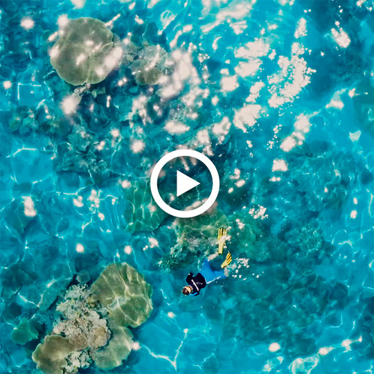 An aerial view showing a snorkeler swimming along a shallow coral reef. The sun is reflecting off the water's surface.