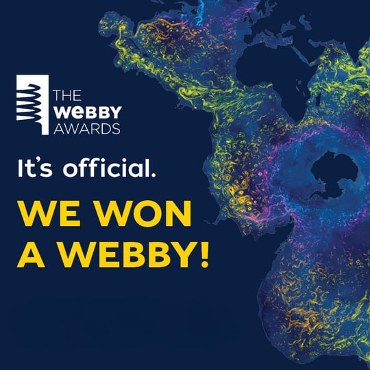 A map shows the flow of ocean currents around the world. Text on the left says "It's official. We won a webby!"
