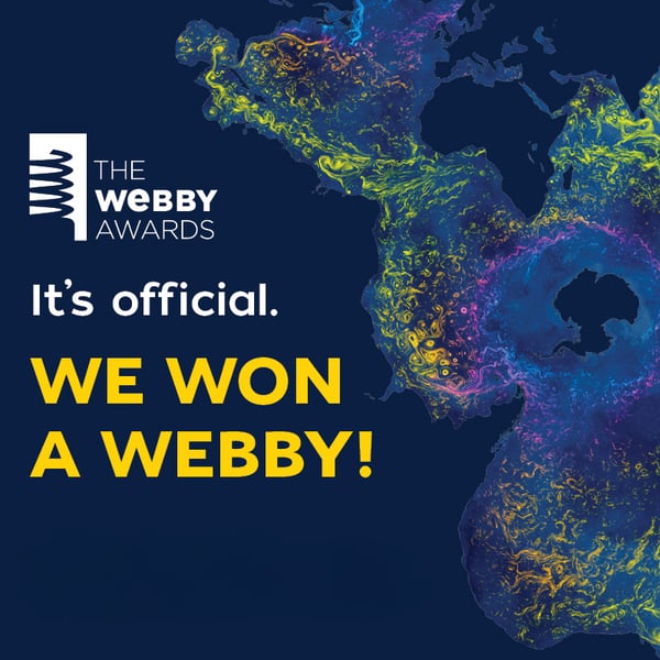 A map shows the flow of ocean currents around the world. Text on the left says "It's official. We won a webby!"