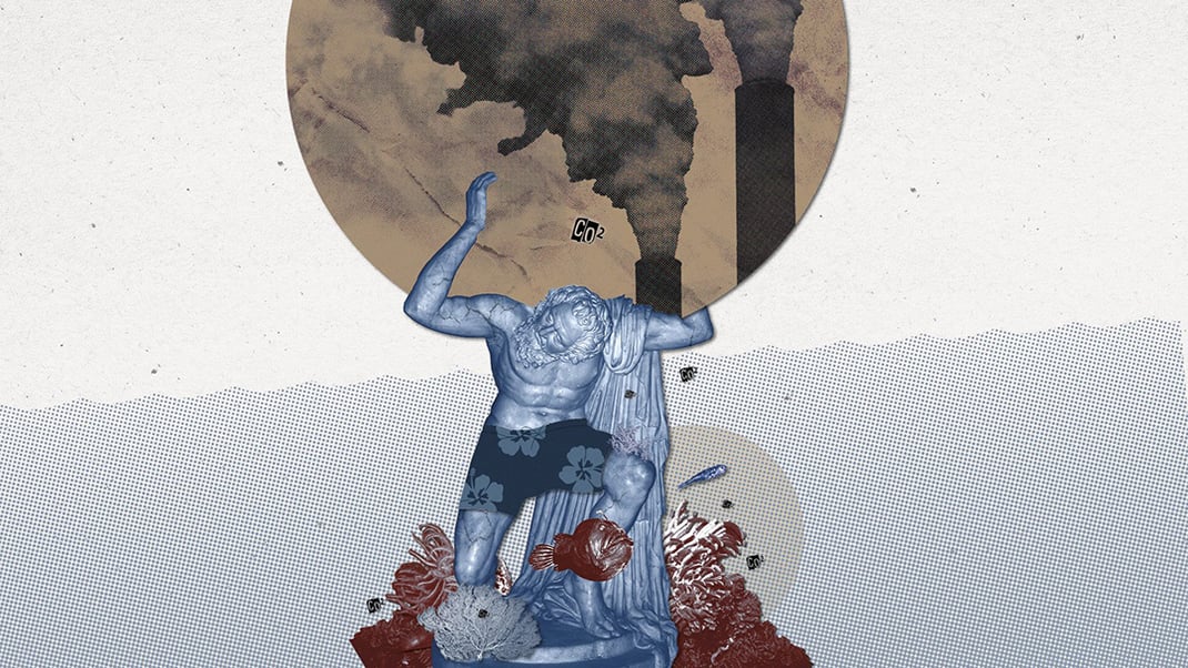 A composite graphic image shows a blue statue of a Greek god holding a circle that shows a drab picture of carbon-belching smokestacks, a small coral reef is hat his feet. The image is meant to represent the ocean's role in sequestering carbon dioxide.