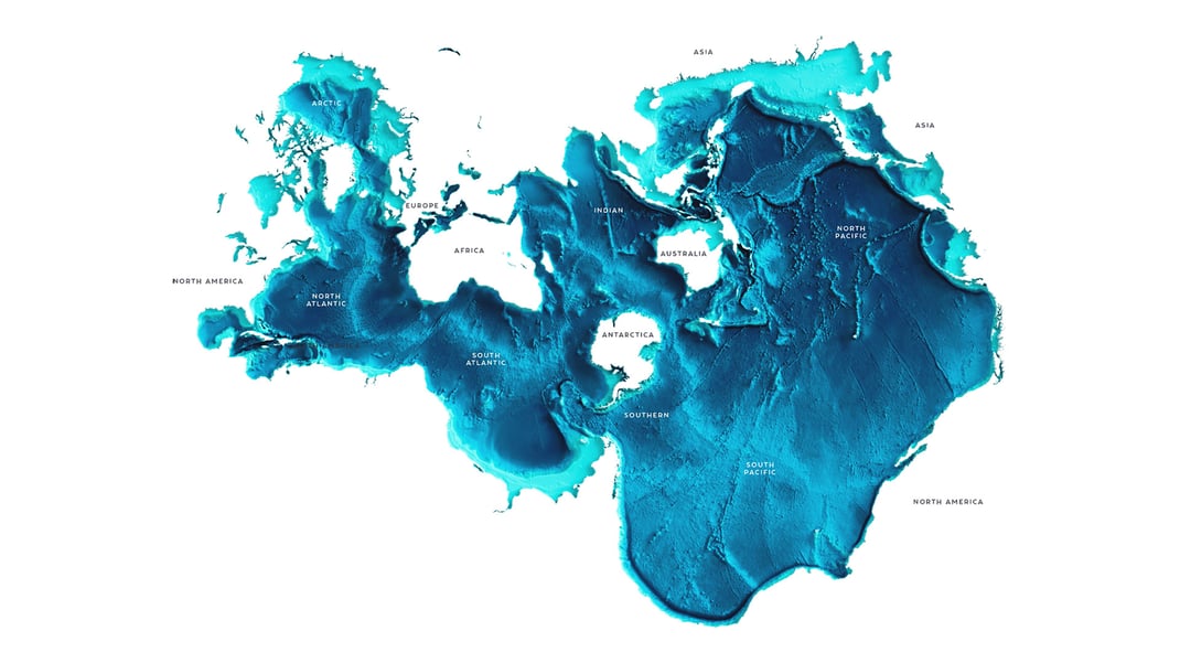 The Spilhaus Projection map shows planet Earth with land in relief and the ocean as the focal point—an interconnected set of basins.